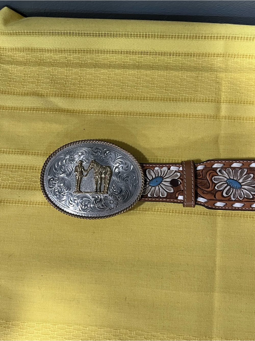 Vintage 1980s NOCONA Kona Kut Leather Western Belt Size 44 & Trophy Belt Buckle - Picture 2 of 12
